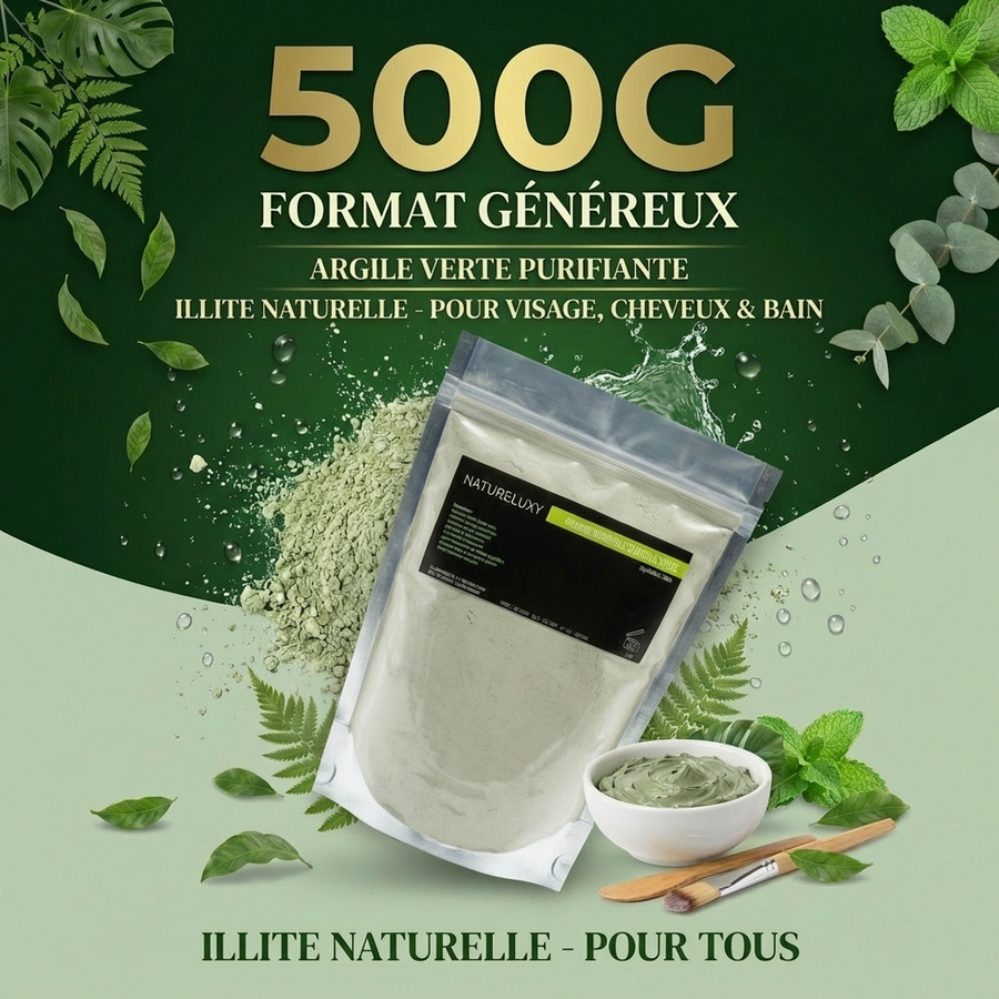 Argile verte en poudre 500 g – Usage externe (visage, cheveux, bains)