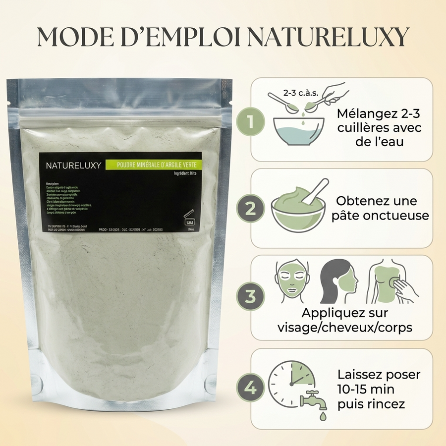 Argile verte en poudre 500 g – Usage externe (visage, cheveux, bains)