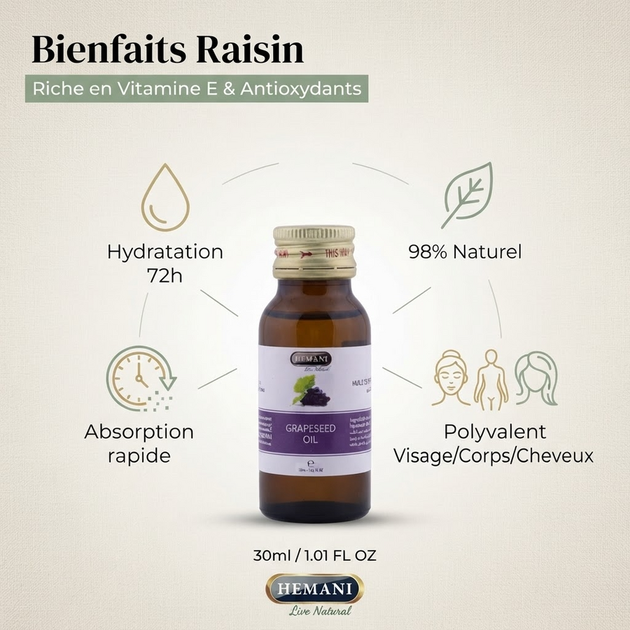 Huile de Pépin de Raisin 30mL 100% Naturelle Hemani