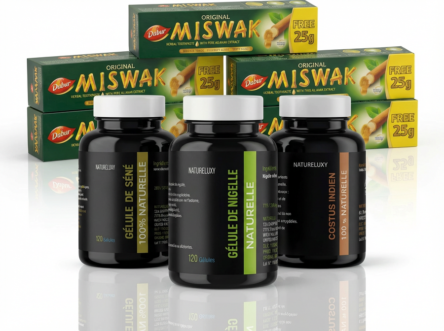 Pack bien-être naturel complet Nigelle, Costus, Séné, Miswak x5