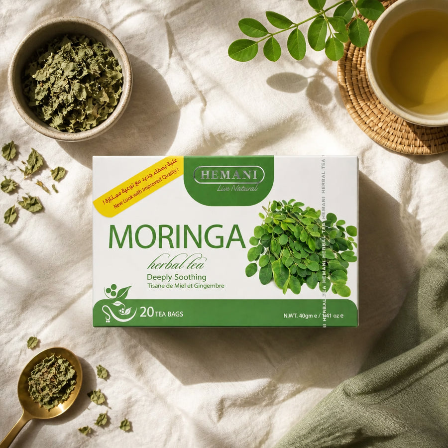Tisane de Moringa 20 sachets Hemani — flatlay présentation