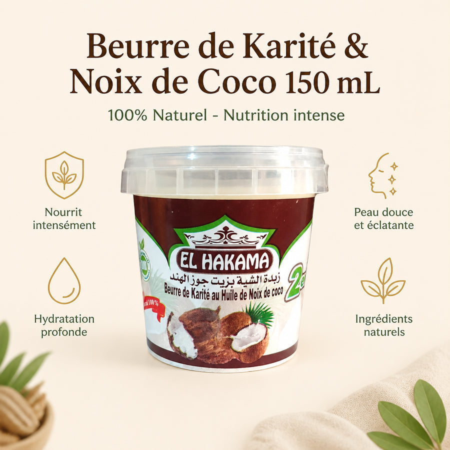 Beurre de Karité & Noix de Coco 150mL - infographie des bienfaits en français, packaging d'origine préservé