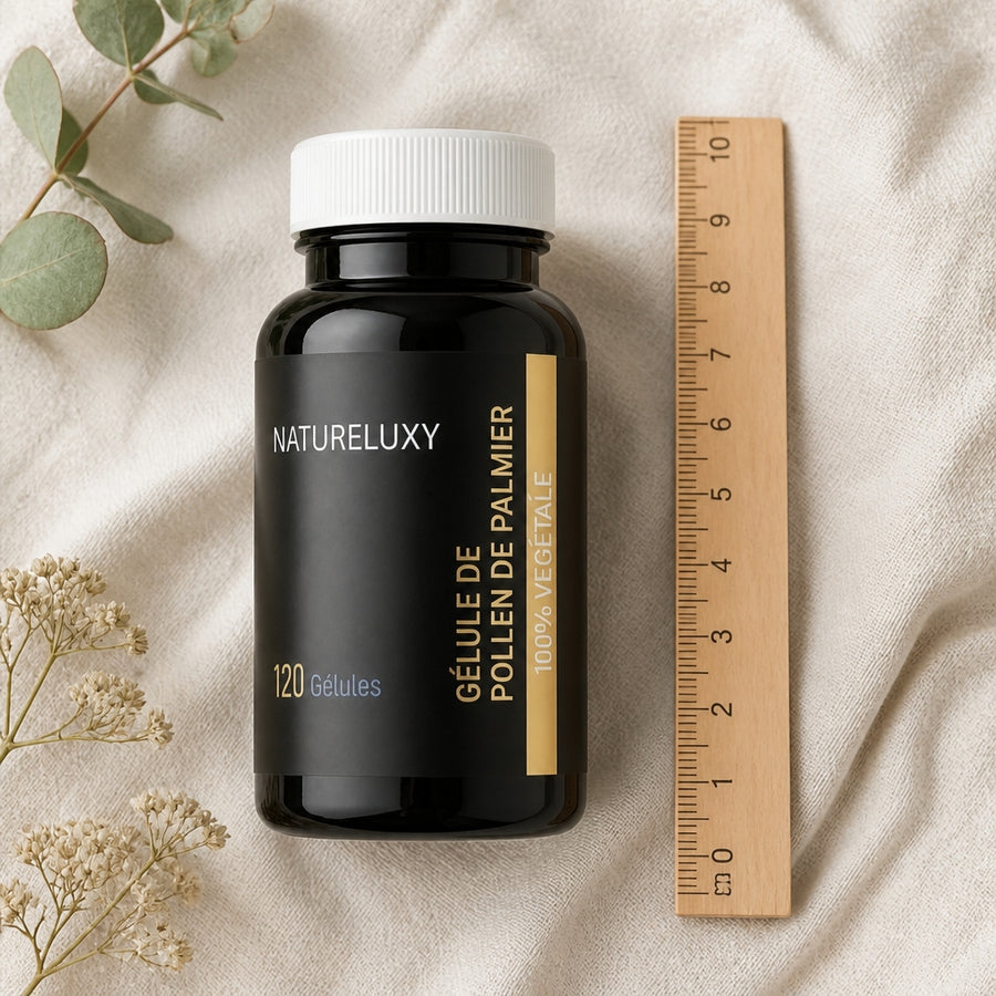 240 gélules Pollen de Palmier Natureluxy ‑5 % — référence d'échelle avec règle 10 cm