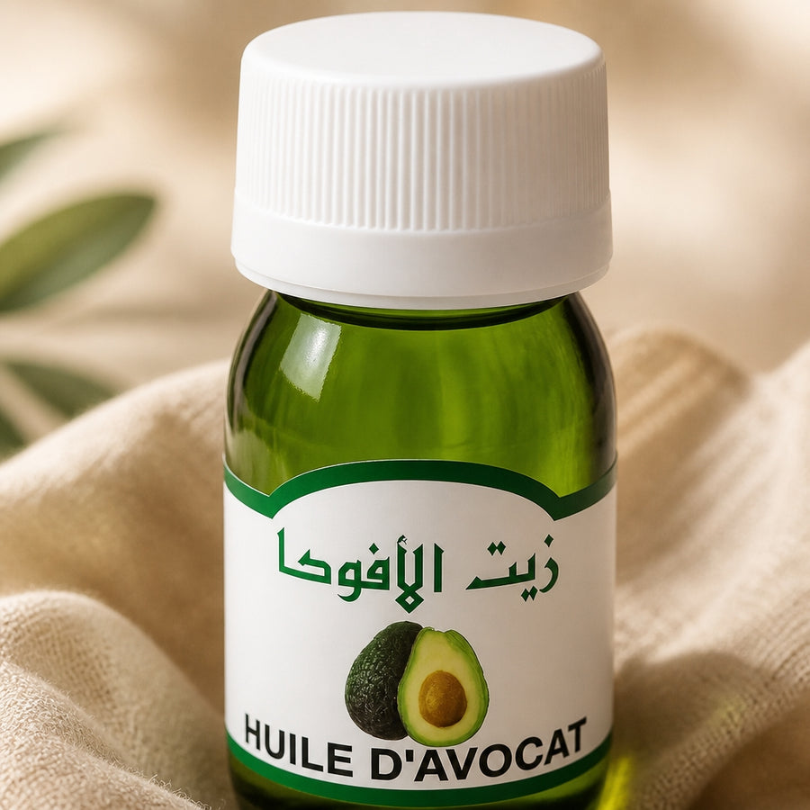 Huile d'Avocat 30 ml 100 % Naturel Sweet Sunnah — gros plan texture capuchon et étiquette