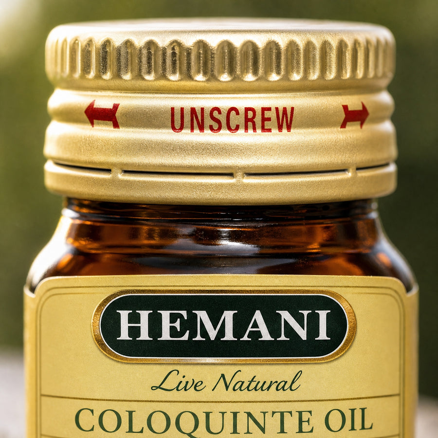 Hemani Huile de Coloquinte 30 mL — Macro texture & étiquette