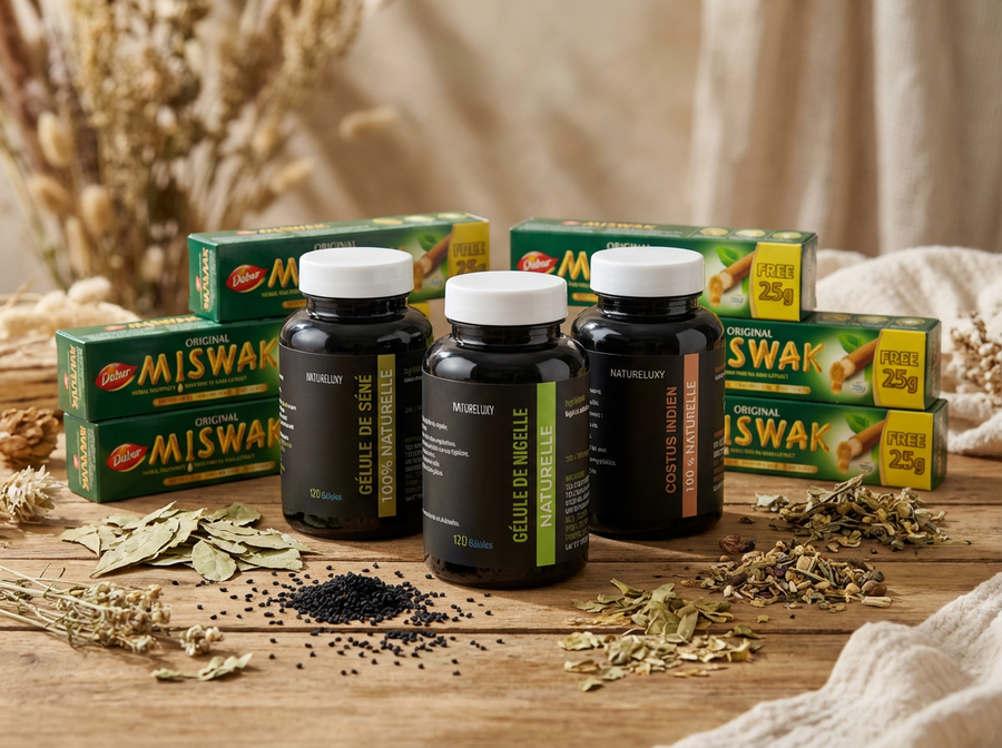 Pack bien-être naturel complet Nigelle, Costus, Séné, Miswak x5