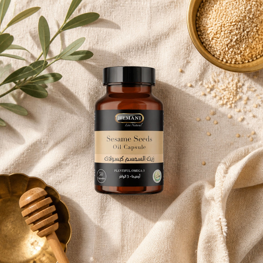 50 Capsules de Sésame Hemani — flatlay présentation éditoriale