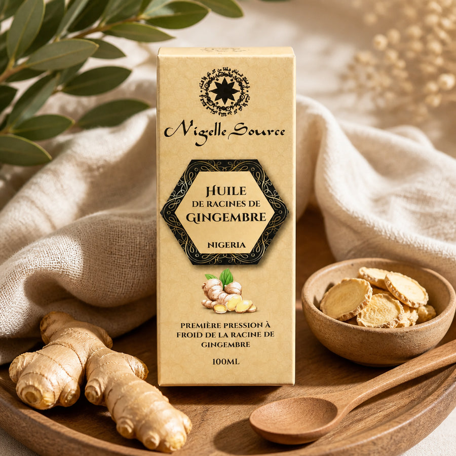 Huile de Racines de Gingembre du Nigéria 100 mL — vue lifestyle ambiance traditionnelle Nigéria