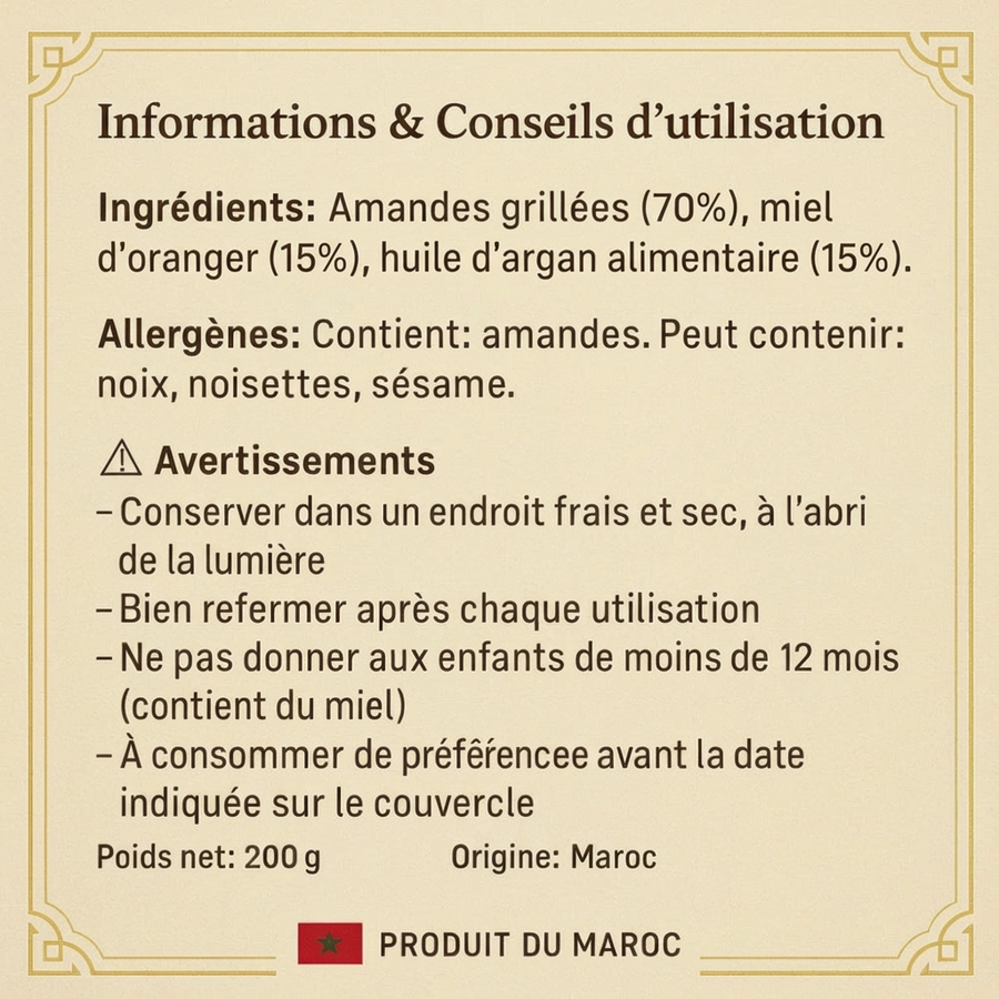 Amlou aux Amandes 500g - Pâte à Tartiner à l’Huile d’Argan et au Miel d’Oranger