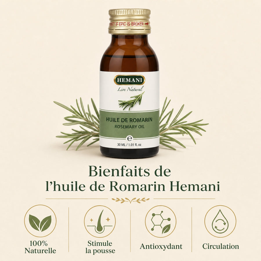 Hemani Huile de Romarin 30 mL — Infographie des bienfaits