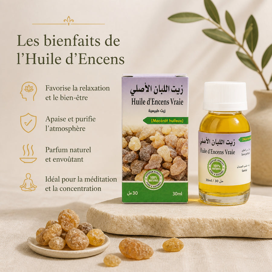 Huile d'Encens 30 mL — infographie des bienfaits en français