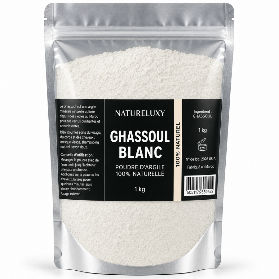 Argile Ghassoul Blanc en Poudre 1Kg Ultrafine Masque Visage Corps et Cheveux
