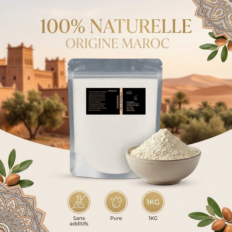 Argile Ghassoul Blanc en Poudre 1Kg Ultrafine Masque Visage Corps et Cheveux