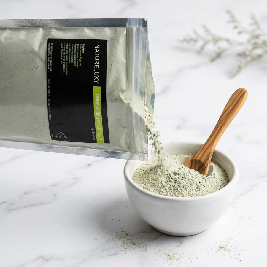 Argile verte en poudre 500 g – Usage externe (visage, cheveux, bains)