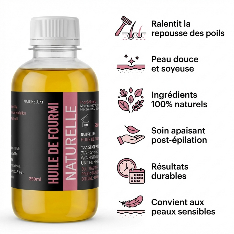 Huile de Fourmi 250mL Natureluxy Contre la Pousse des Poils