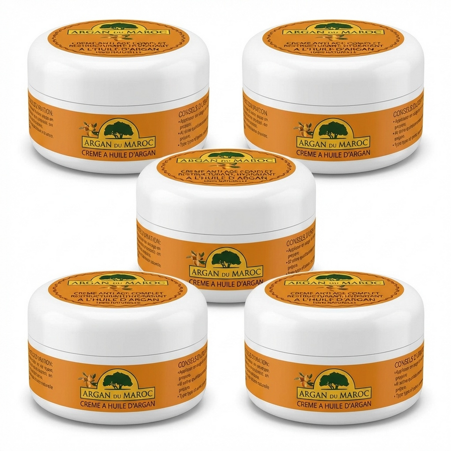 Lot de 5 Crèmes Argan du Maroc 100 mL – Visage & Contour des yeux – Jour & Nuit – Soin hydratant