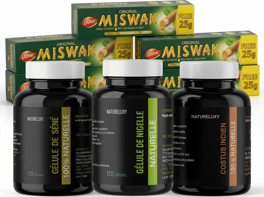 Pack bien-être naturel complet Nigelle, Costus, Séné, Miswak x5