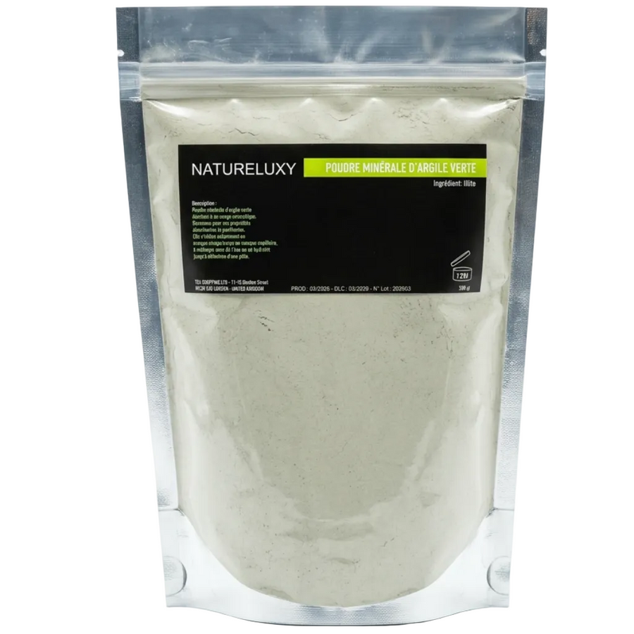 Argile verte en poudre 500 g – Usage externe (visage, cheveux, bains)