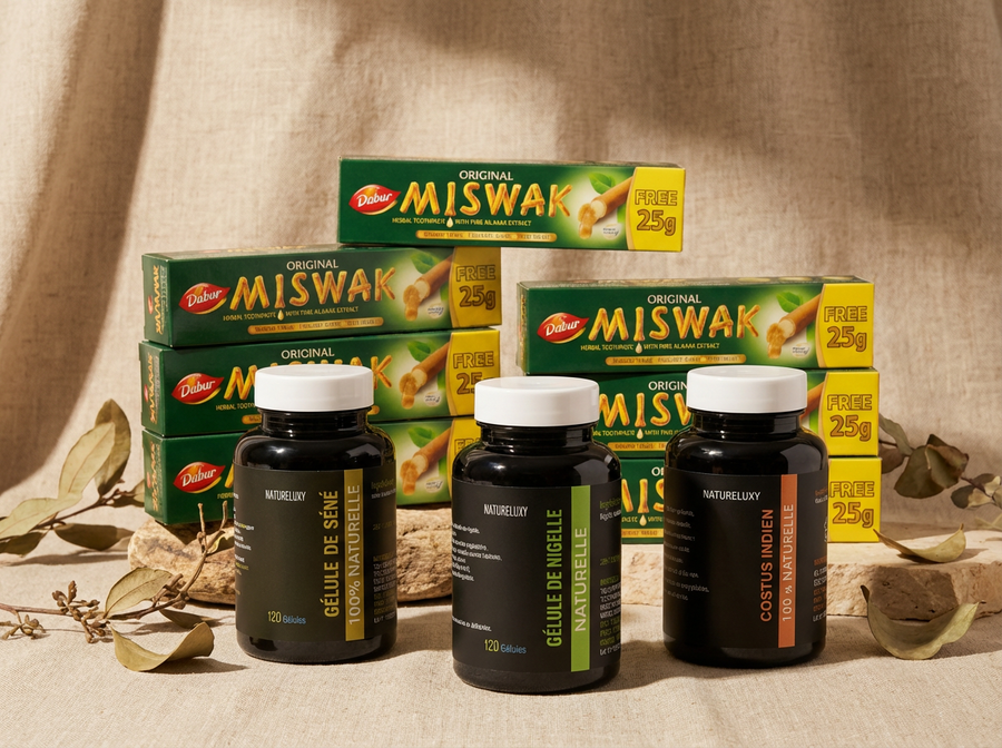 Pack bien-être naturel complet Nigelle, Costus, Séné, Miswak x5