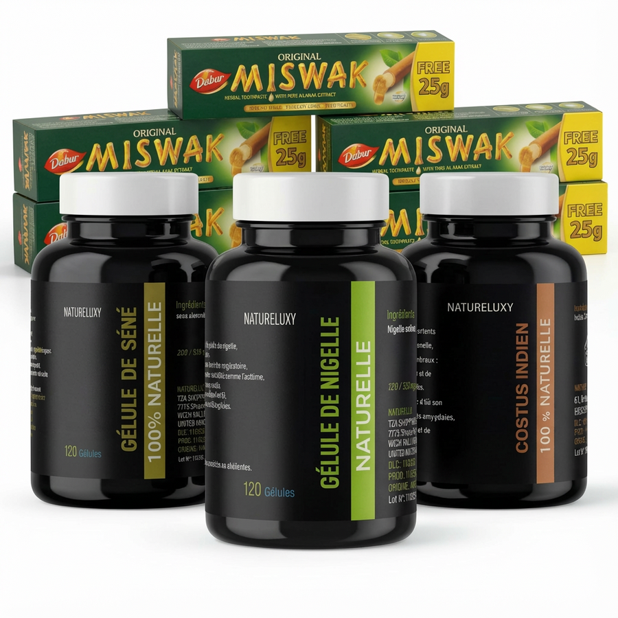Pack bien-être naturel complet Nigelle, Costus, Séné, Miswak x5