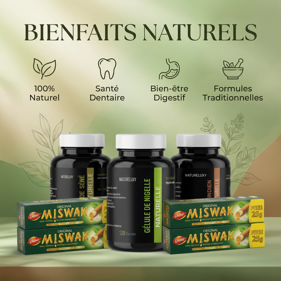 Pack bien-être naturel complet Nigelle, Costus, Séné, Miswak x5
