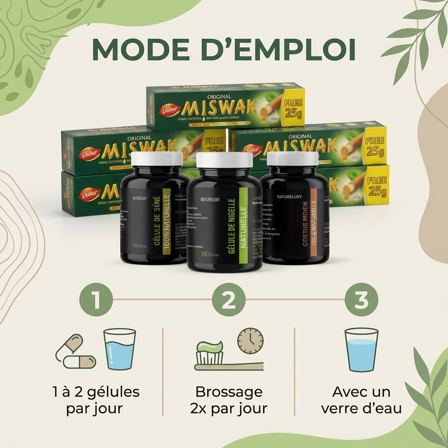 Pack bien-être naturel complet Nigelle, Costus, Séné, Miswak x5