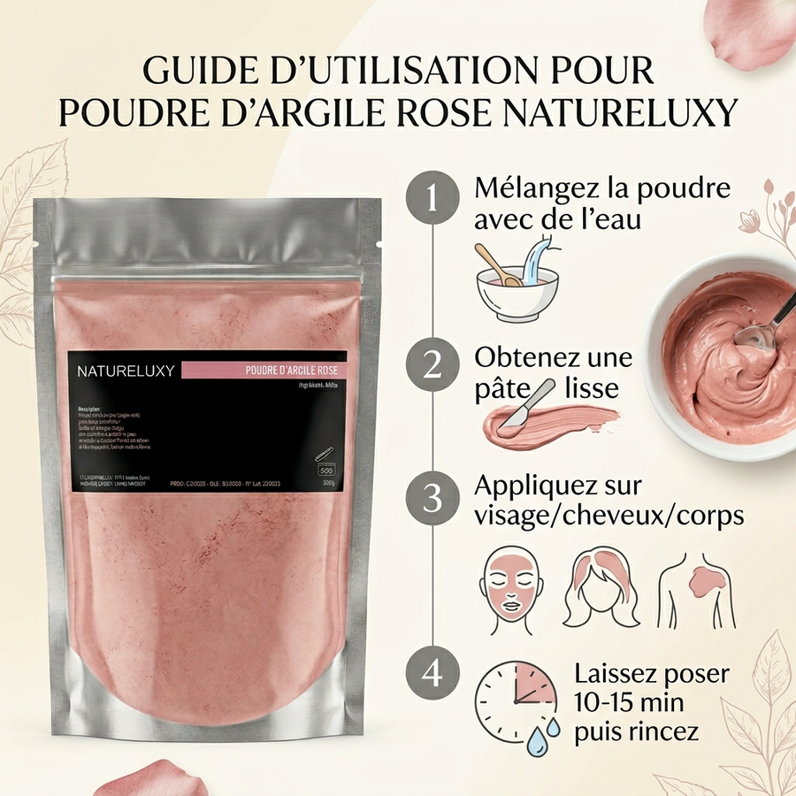 Argile rose en poudre 250 g – Usage externe (masque visage, cheveux, bain)