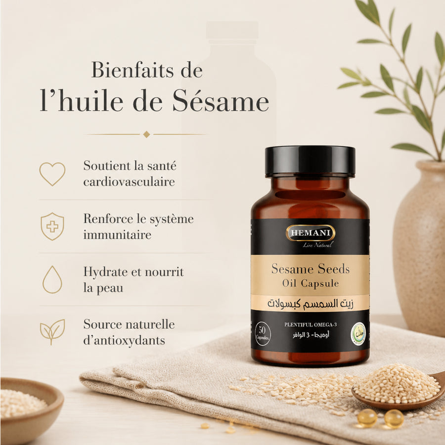 50 Capsules de Sésame Hemani — infographie des bienfaits en français