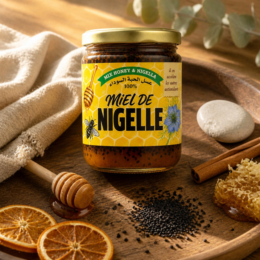Miel & Nigelle 100% Naturelle 250 g – Miel de montagne & nigelle moulue - ambiance lifestyle éditoriale plateau noyer et lin, packaging d'origine préservé