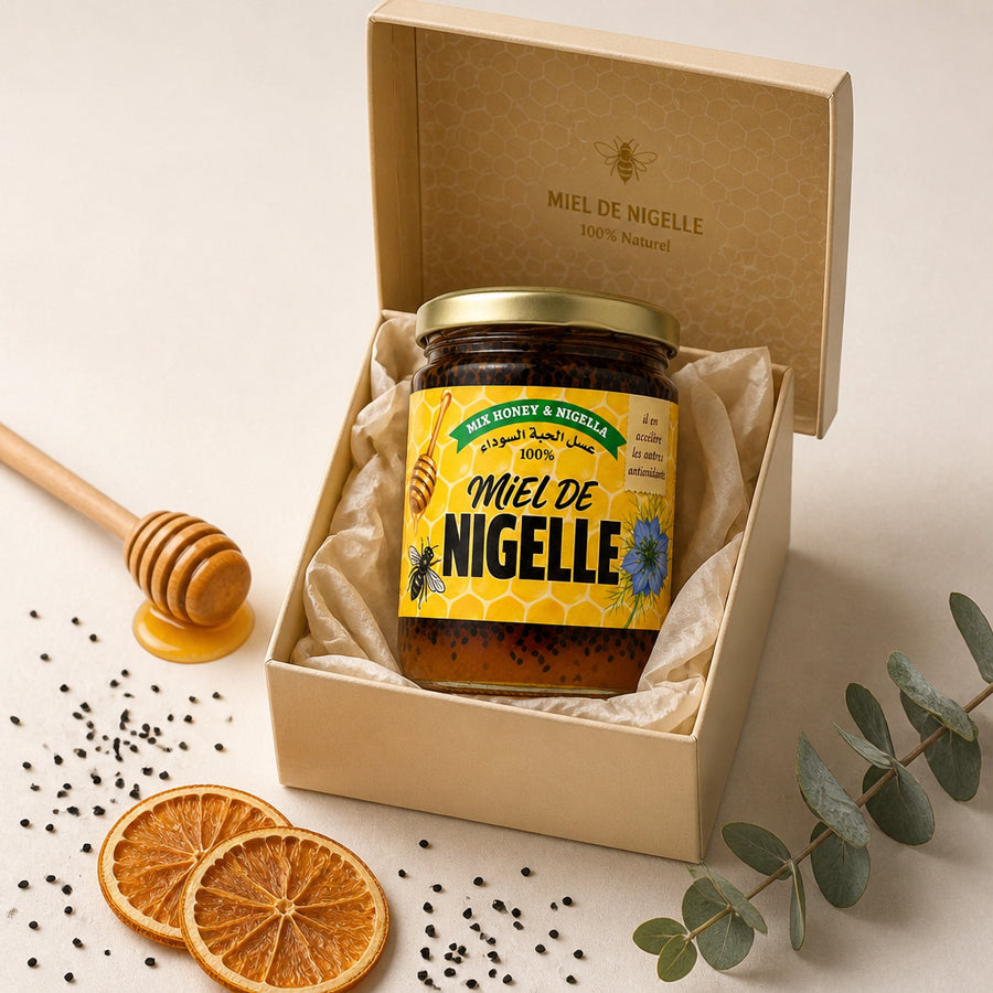 Miel & Nigelle 100% Naturelle 250 g – Miel de montagne & nigelle moulue - coffret packaging cadeau premium, packaging d'origine préservé