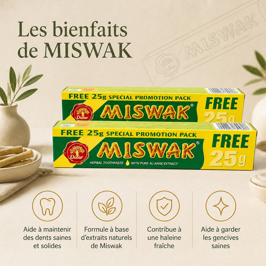 Dentifrices Miswak Dabur Sans Fluor — infographie des bienfaits en français