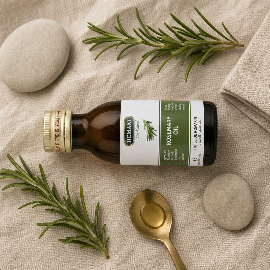 Hemani Huile de Romarin 30 mL — Composition flat-lay naturelle