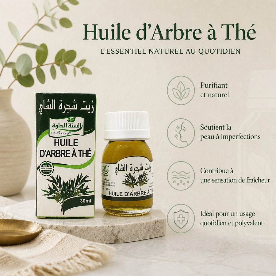 Huile d'Arbre à Thé 30 mL — infographie des bienfaits en français