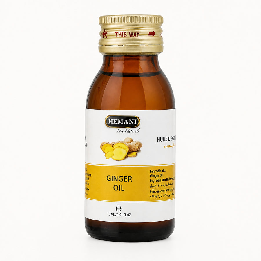 Huile de Gingembre 30mL 100% Naturelle Hemani - vue principale hero sur fond blanc, packaging d'origine préservé