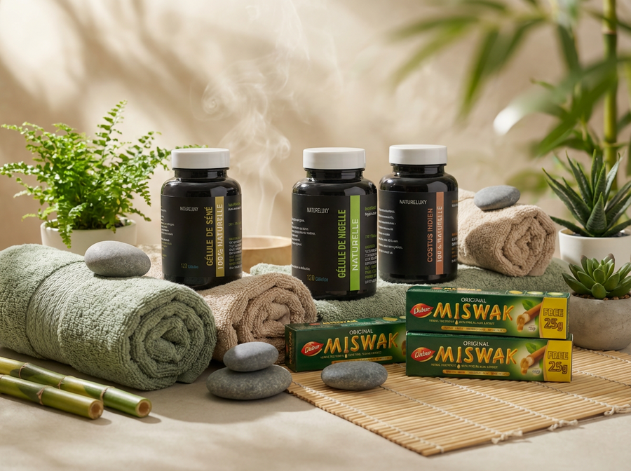 Pack bien-être naturel complet Nigelle, Costus, Séné, Miswak x5