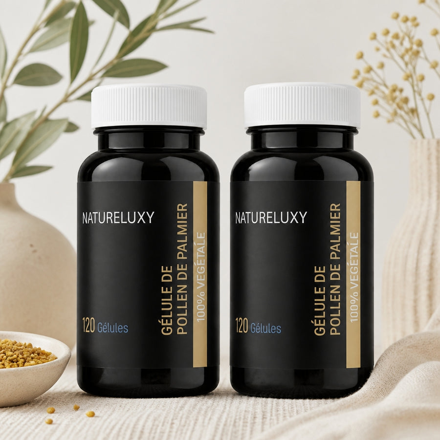 240 gélules Pollen de Palmier Natureluxy ‑5 % — vue principale hero, pilulier double noir/or authentique