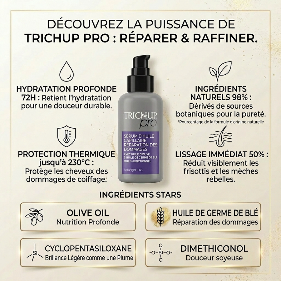 Sérum huile capillaire, Huile d’Olive & Germe de Blé, 100 ml - TRICHUP pro Damage Repair Hair Oil Serum