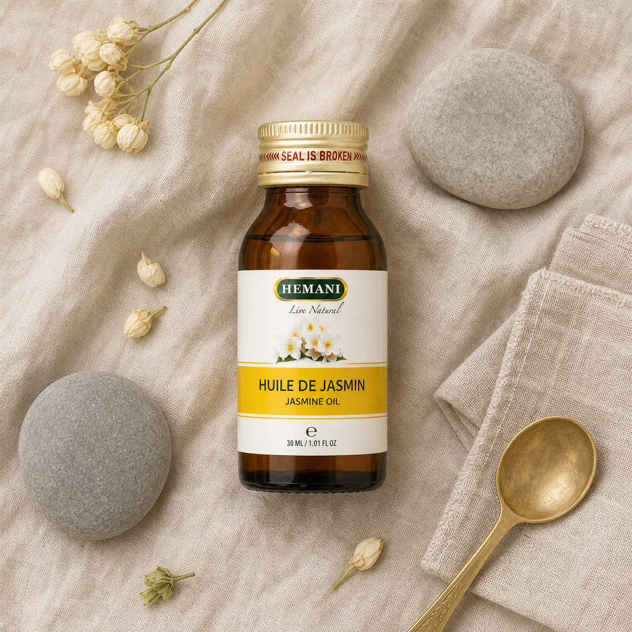 Hemani Huile de Jasmin 30 mL — Composition flat-lay naturelle
