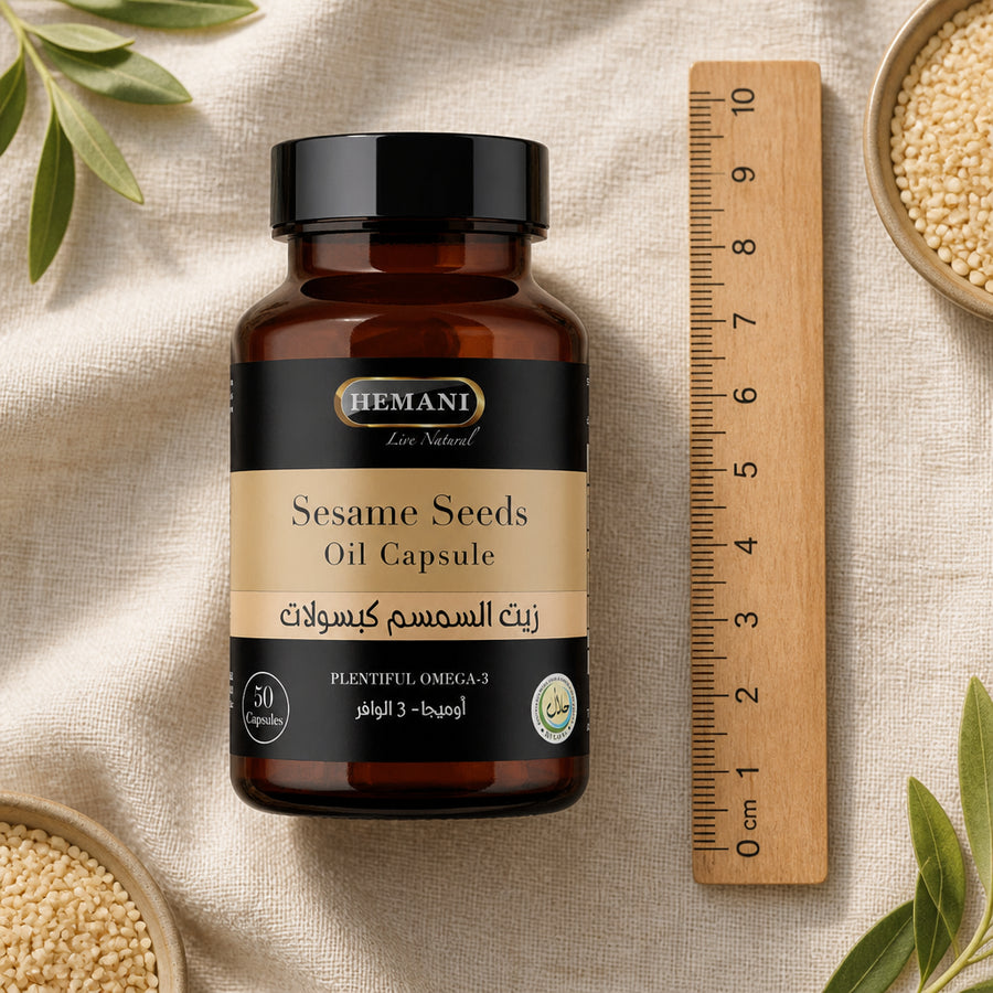 50 Capsules de Sésame Hemani — référence d'échelle avec règle 10 cm
