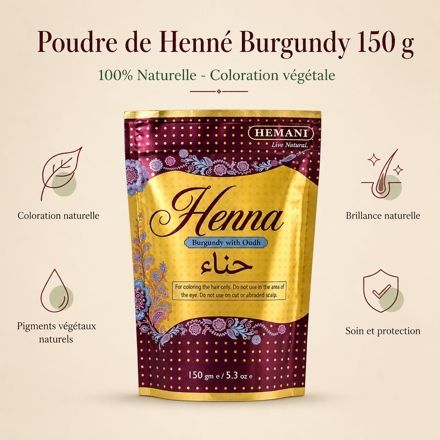 Poudre de Henné Burgundy Hemani - 150g - infographie des bienfaits en français, packaging d'origine préservé
