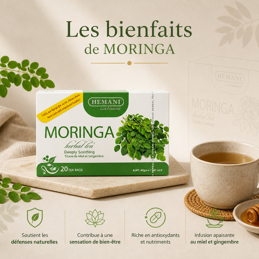 Tisane de Moringa 20 sachets Hemani — infographie des bienfaits en français