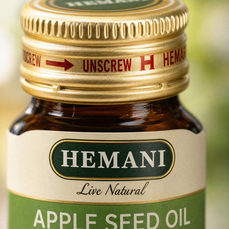 Hemani Huile de Pomme 30 mL — Macro texture & étiquette