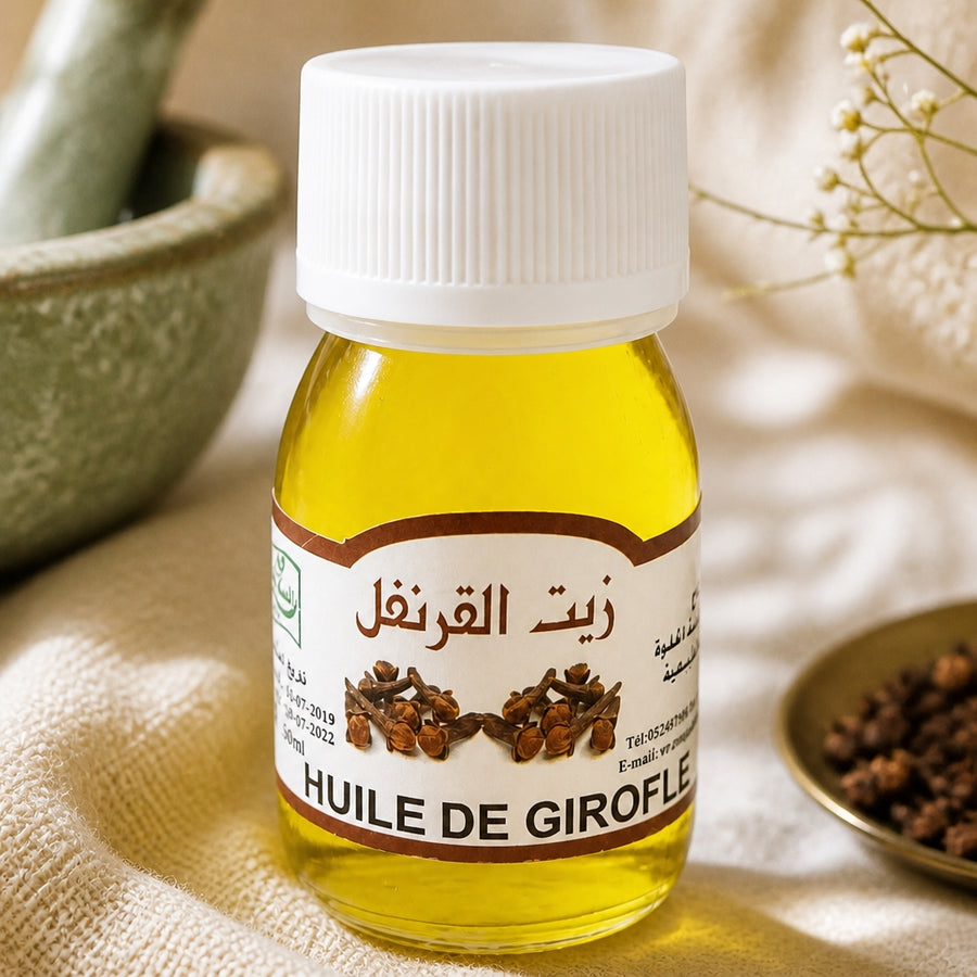 Huile de Girofle 30 mL — gros plan texture cap et étiquette