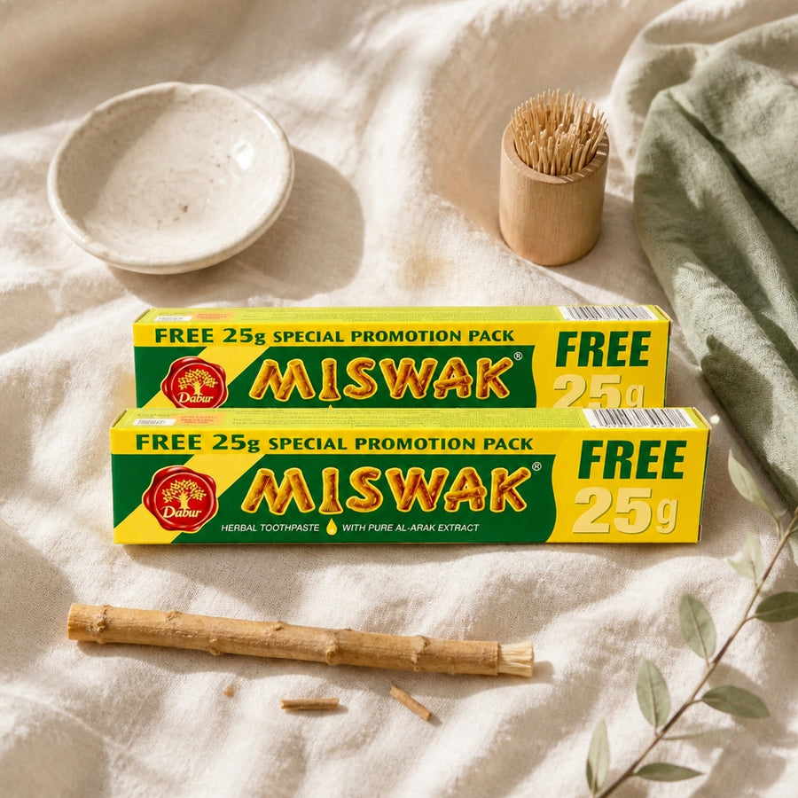 Dentifrices Miswak Dabur Sans Fluor — flatlay présentation