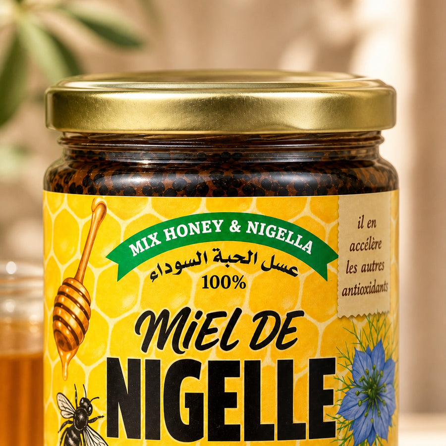 Miel & Nigelle 100% Naturelle 250 g – Miel de montagne & nigelle moulue - gros plan macro du bouchon et de l'étiquette, packaging d'origine préservé