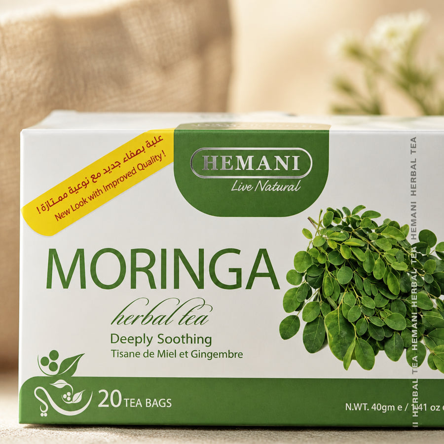 Tisane de Moringa 20 sachets Hemani — gros plan texture étiquette