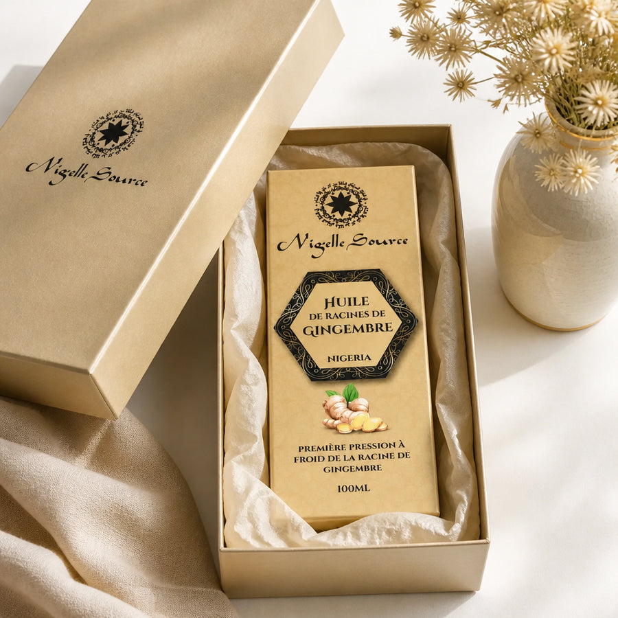Huile de Racines de Gingembre du Nigéria 100 mL — coffret packaging premium