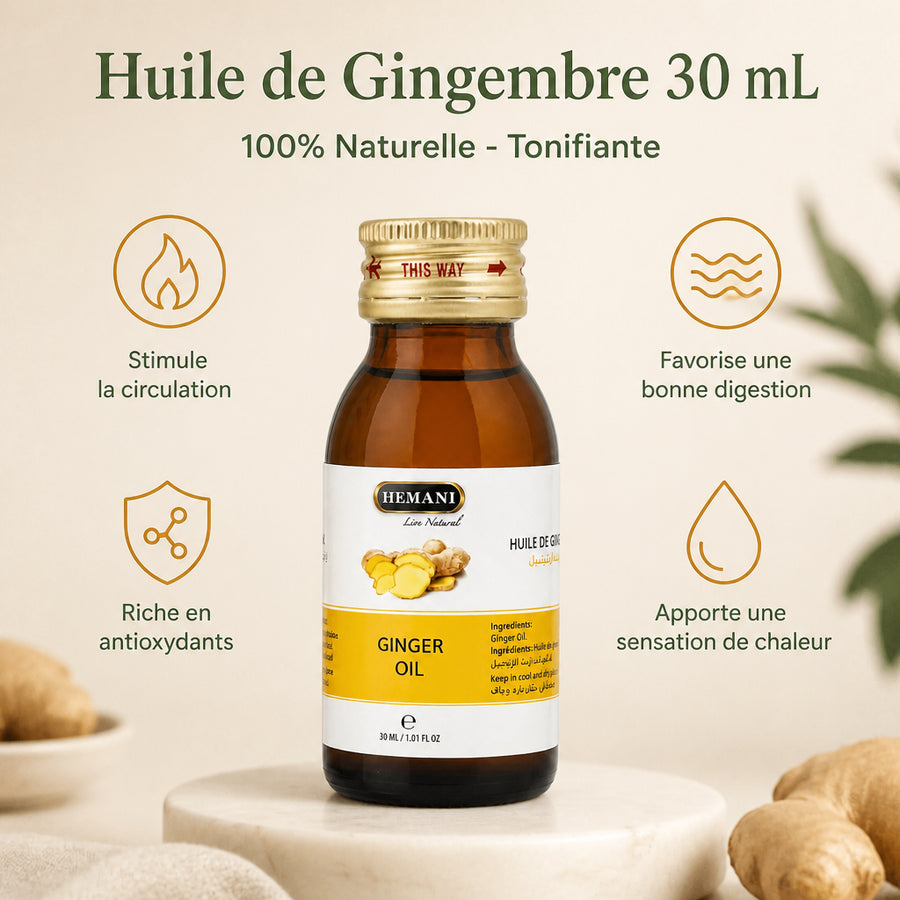 Huile de Gingembre 30mL 100% Naturelle Hemani - infographie des bienfaits en français, packaging d'origine préservé