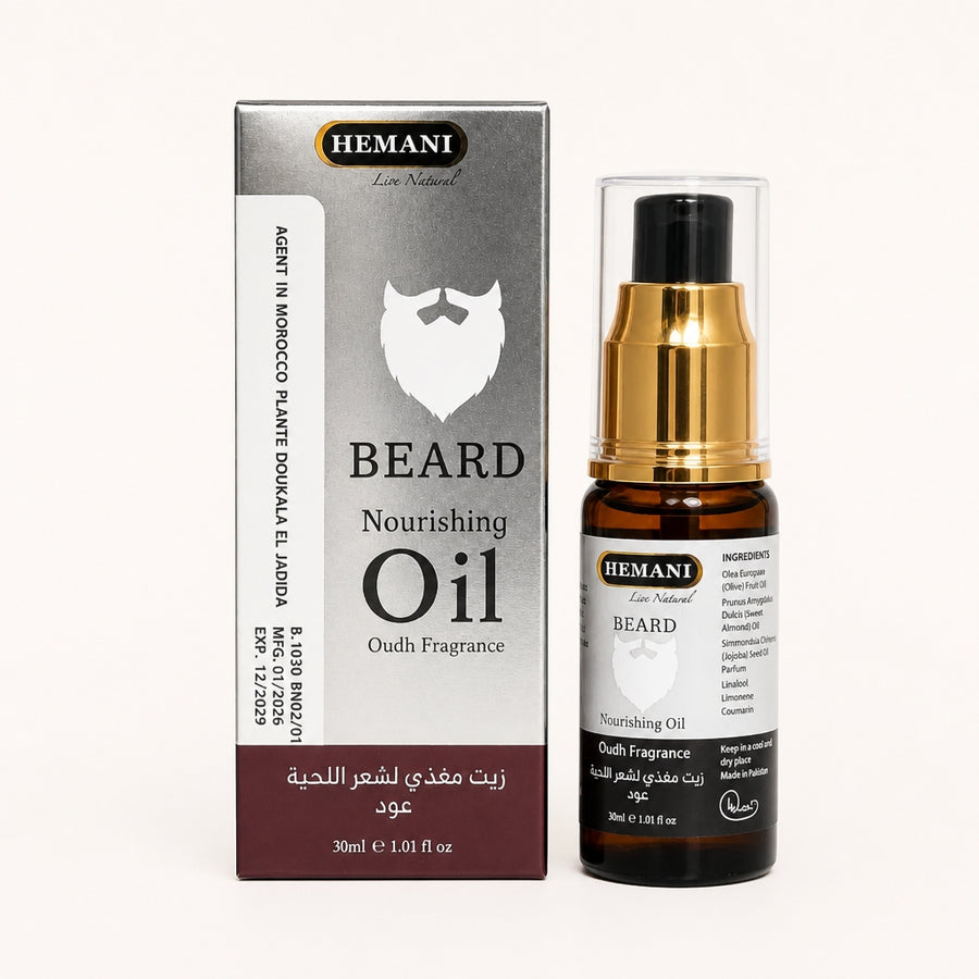 Huile à Barbe senteur oud Hemani — vue principale hero, flacon Hemani authentique conservé