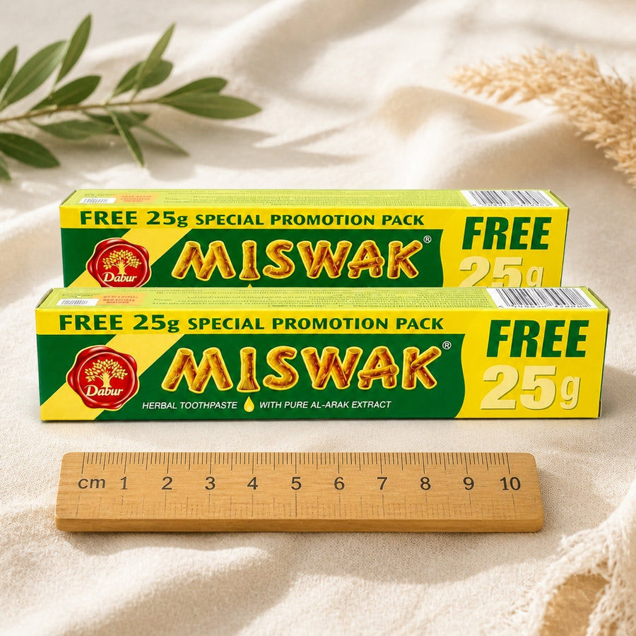 Dentifrices Miswak Dabur Sans Fluor — référence d'échelle avec règle 10 cm